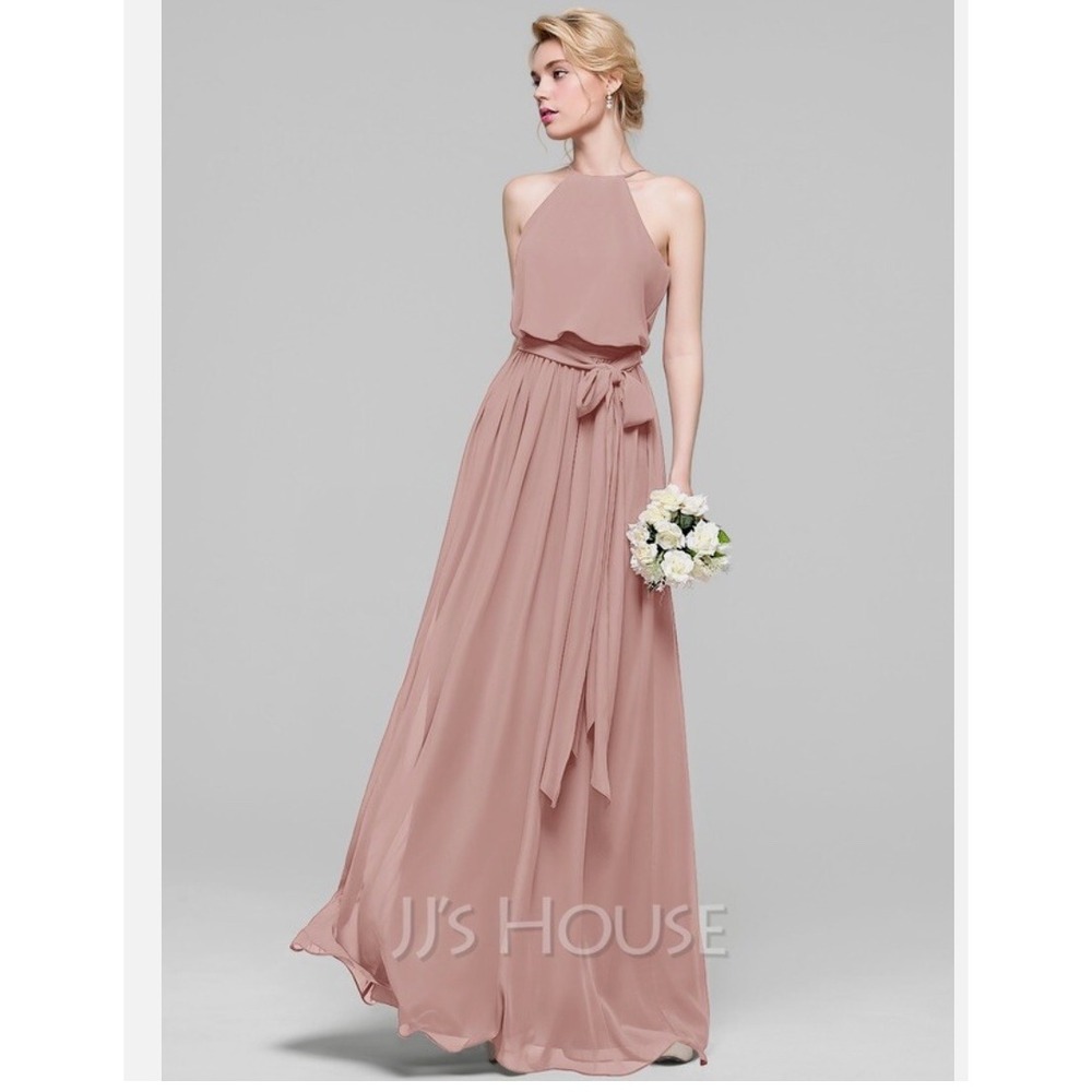 JJ's House Chiffon Halter A-Line Scoop Maxi Bridesmaid‎ Dress Dusty Rose Size 6